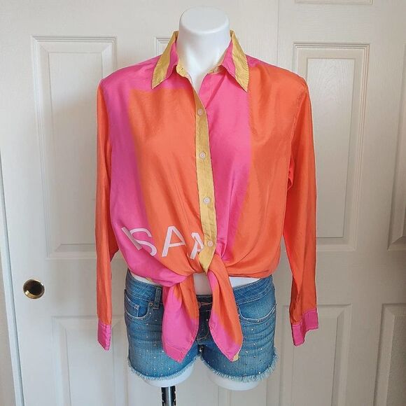 Isaac Mizrahi 20th Anniversary Collection Colorblock 100% Silk Blouse S - Picture 3 of 10